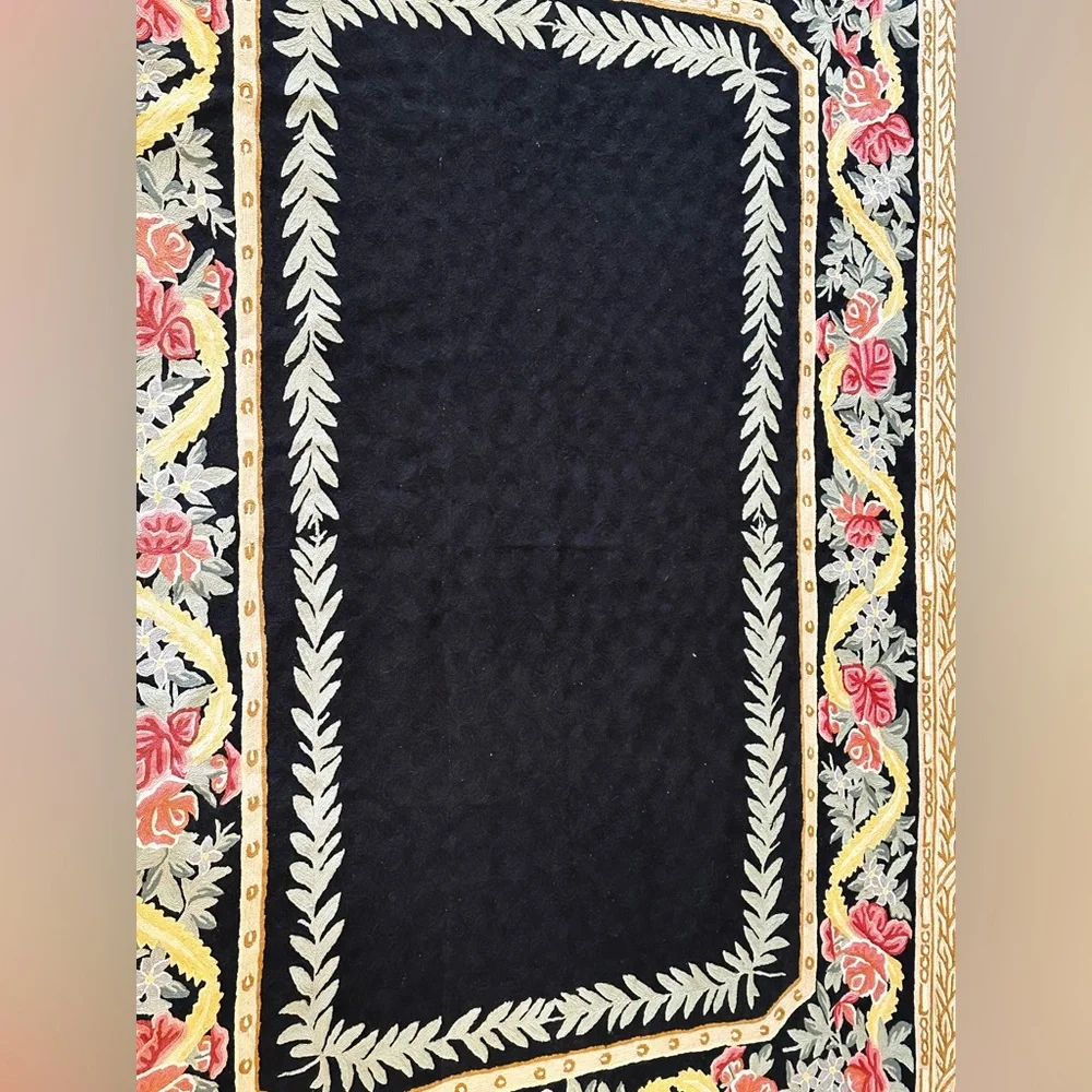 Vintage Ralph Lauren Black Floral Crewel Wool Rug 5x7